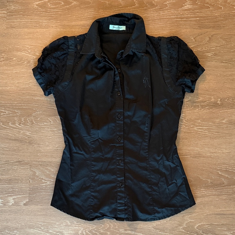 Guess by Marciano Black Lace Sleeve Button-Down Shirt